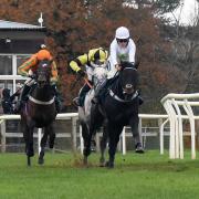 Jockey Lilly Pinchin on My Gift To You as they head to the winning line to win the fourth race at Fakenham.