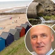 Anglian Water bosses came under fire over storm overflows, such as the one which affected Mundesley Beach. Inset: County councillor Tom FitzPatrick