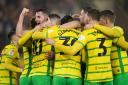 Norwich City celebrate Ashley Barnes' opener in their Championship meeting with Watford