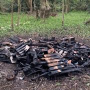 The charred remains of the original bug hotel after it was destroyed by arsonists.