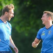 Ryan Jarvis, left, and Aaron Jones share a joke at training Picture: Ian Burt