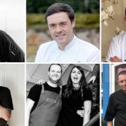 The chefs involved in the charity dinner are, clockwise from top left, Kevin Mangeolles, Eric Snaith, Michael Chamberlain, Richard Bainbridge, Dan Lawrence and Natalie Stuhler and Scott and Kelly Dougal.