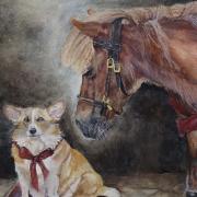 \'Remembering loved ones at Christmas\' is the title of the Christmas card featuring miniature Shetland pony Jack Brock with a corgi, painted by Jack\'s owner Ali Stearn and raising money for Dementia UK