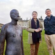 Sir Antony Gormley and Lord Cholmondeley, owner of Houghton Hall, at the installation of Time Horizon at Houghton Hall